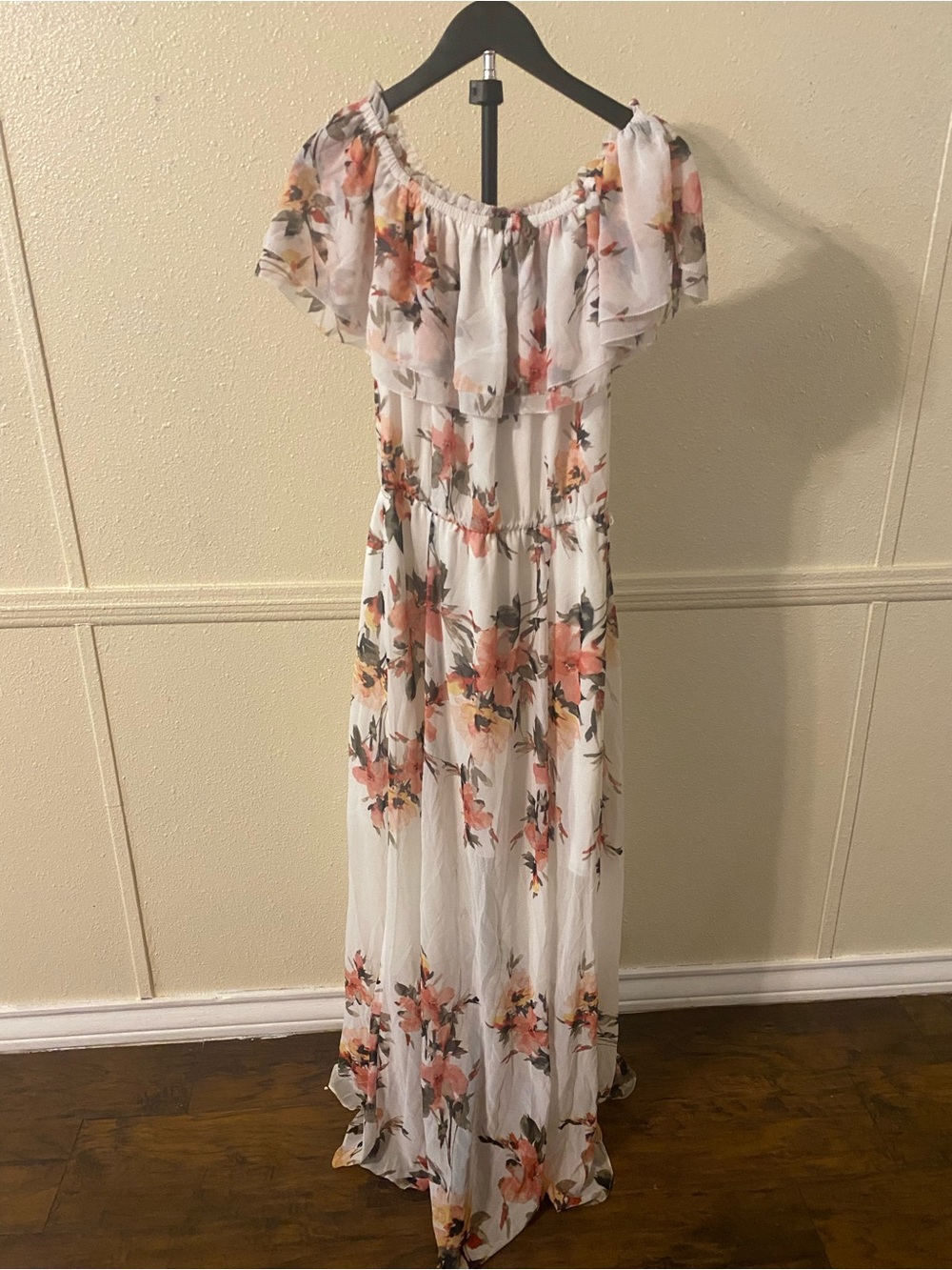 White House Black Market White Floral Off-Shoulder Maxi Dress with Peach Blooms